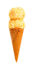 mango flavor ice cream cone with two balls on white with clipping path