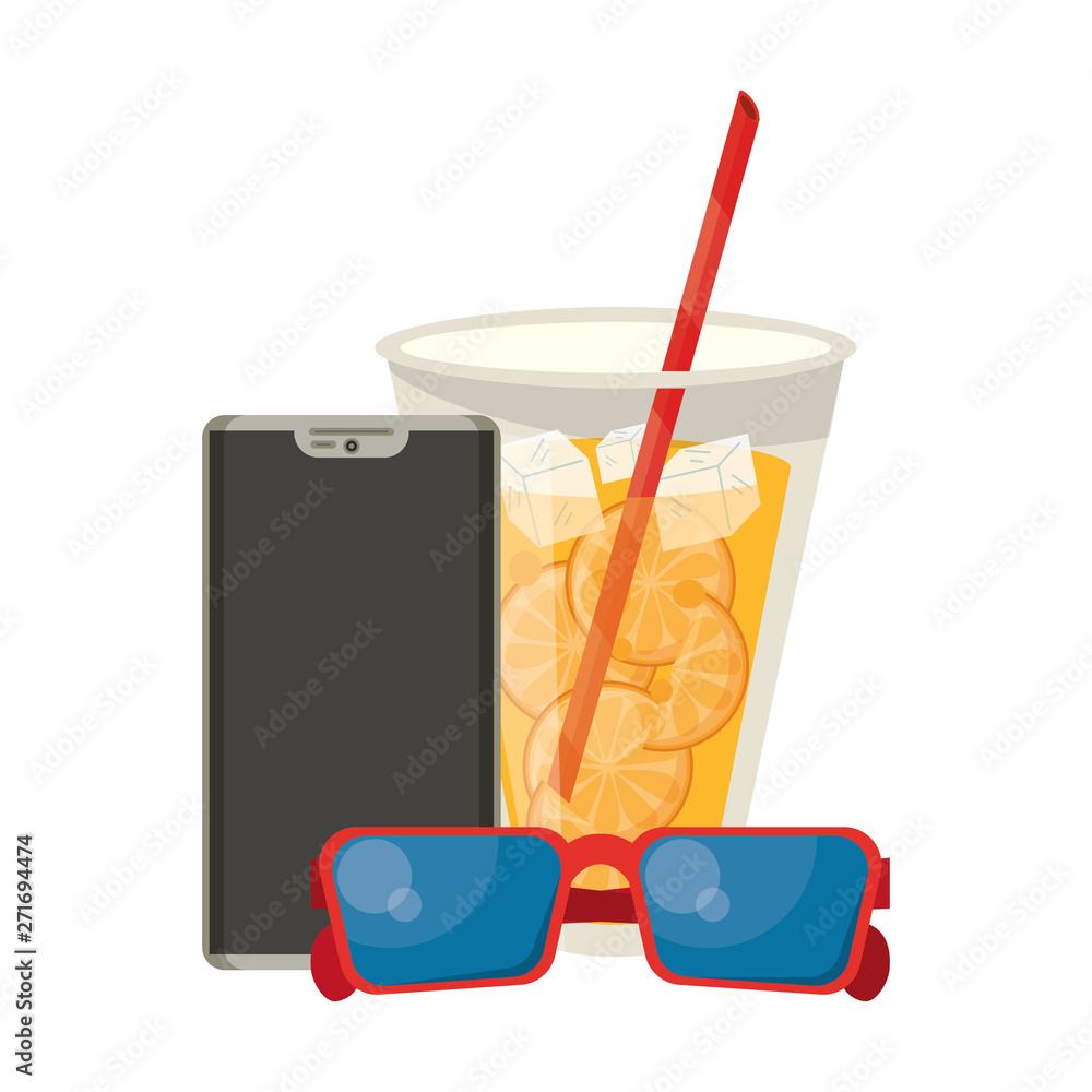 Sticker summer juice cup sunglasses and smartphone cartoon