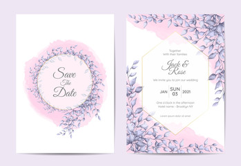 Modern Wedding Invitation Design of Branches with Blue Leaves and Watercolor Background. Trendy Cards Template Multipurpose like Poster, Cover Book, Packaging, and Other