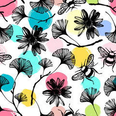 Seamless pattern with flowers and ginkgo leaves.