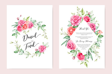 watercolor floral and leaves wedding and invitation card template