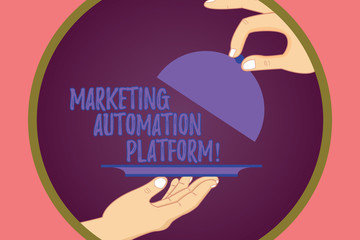 Conceptual hand writing showing Marketing Automation Platform. Business photo showcasing automate repetitive task related to marketing Hu analysis Hands Serving Tray Platter and Lifting the Lid