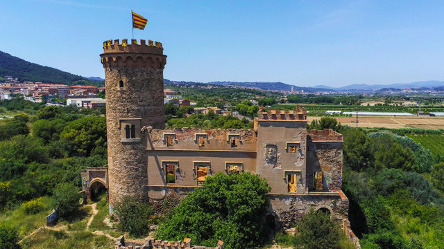 Barcelona. Aerial view in Colonia Guell and Cripta Gaudi. Santa Coloma de Cervello.Spain Drone Photo