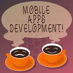 Word writing text Mobile Apps Development. Business concept for Process of developing mobile app for digital devices Sets of Cup Saucer for His and Hers Coffee Face icon with Blank Steam