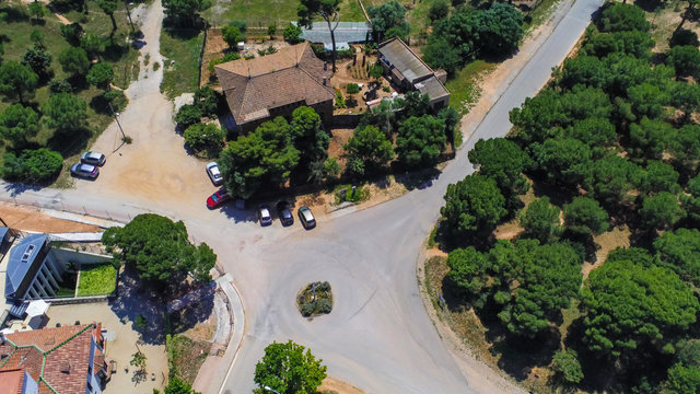 Barcelona. Aerial view in Colonia Guell and Cripta Gaudi. Santa Coloma de Cervello.Spain Drone Photo