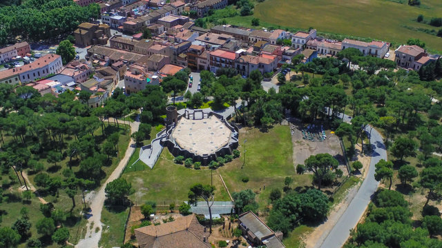 Barcelona. Aerial view in Colonia Guell and Cripta Gaudi. Santa Coloma de Cervello.Spain Drone Photo