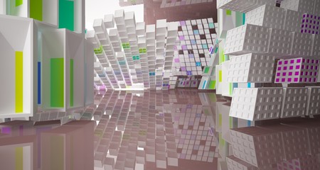 Abstract white and colored interior multilevel public space with window. 3D illustration and rendering.