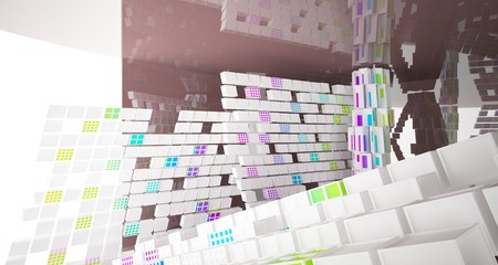 Abstract white and colored interior multilevel public space with window. 3D illustration and rendering.