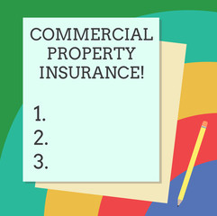 Word writing text Commercial Property Insurance. Business concept for provides protection against most risks Stack of Blank Different Pastel Color Construction Bond Paper and Pencil