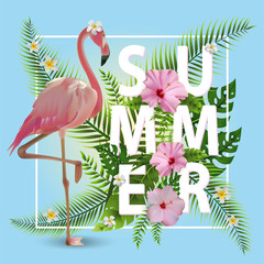 Trendy Summer Tropical Flowers, Leaves, Flamingo. T-shirt Fashion Graphic. Exotic Vector Design