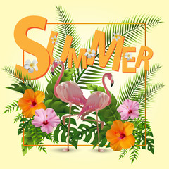 Obraz na płótnie Canvas Trendy Summer Tropical Flowers, Leaves, Flamingo. T-shirt Fashion Graphic. Exotic Vector Design