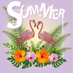 Trendy Summer Tropical Flowers, Leaves, Flamingo. T-shirt Fashion Graphic. Exotic Vector Design