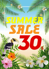 Trendy Tropical Leaves Summer Sale banner discount 30% with exotic jungle plant and Hornbill Vector Design for Poster, Flyers, Gift Certificate