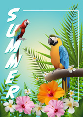 Trendy Summer Tropical Flowers, Leaves, macore bird. T-shirt Fashion Graphic. Exotic Vector Design