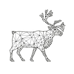 Nodes or mosaic low polygon style illustration of a reindeer or caribou in North America, a species of deer with circumpolar distribution, native to Arctic, northern Europe, Siberia viewed from side o