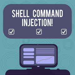 Conceptual hand writing showing Shell Comanalysisd Injection. Business photo showcasing used by hackers to execute system comanalysisds on server Mounted Computer Screen with Line Graph on Text Box