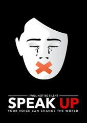 unhappy woman cries covering mouth vector illustration. violence against women. sexual harassment concept