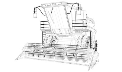 Thin contoured, detailed 3D model of rye agricultural combine harvester isolated on white, farming vehicle research concept - industrial 3D illustration