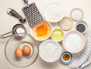 citrus cake baking ingredients on kitchen top