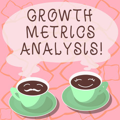 Conceptual hand writing showing Growth Metrics Analysis. Business photo showcasing Evaluating the company s is historical growth Cup Saucer for His and Hers Coffee Face icon with Steam