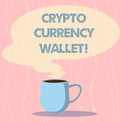 Word writing text Crypto Currency Wallet. Business concept for Digital wallet that allows users to analysisage bitcoin Mug photo Cup of Hot Coffee with Blank Color Speech Bubble as Steam icon