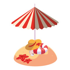 summer sand beach with umbrella and straw hat