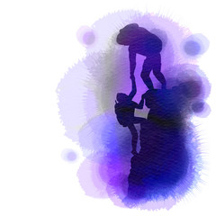 Silhouette of people helping each other hike up a mountain. Watercolor style.