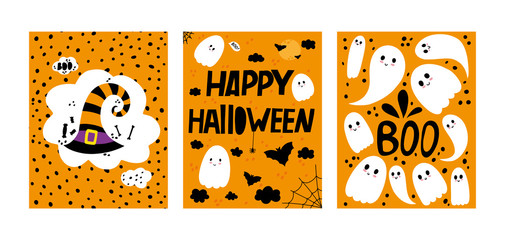 Halloween greeting cards, design for party invitations, flyers, banner and much more. Witch hat, ghosts and bats.