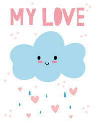 Cute cartoon cloud vector print with heart.