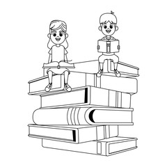 young kids with stacked big books black and white