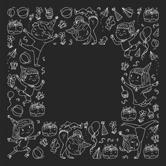 Vector illustration in cartoon style, active company of playful preschool kids jumping, at a party, birthday. monochrome chalk drawing on blackboard.