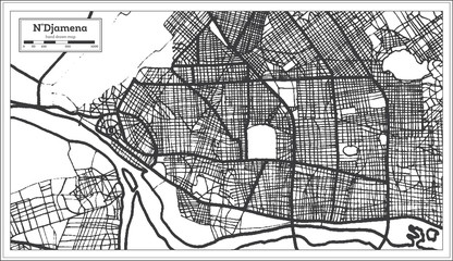 N'Djamena Chad City Map iin Black and White Color. Outline Map.