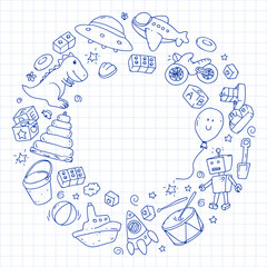 Vector pattern with kindergarten, toy children. Happy children illustration. Drawing a pen on a notebook in a Squared notebook.