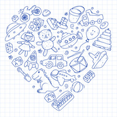 Vector pattern with kindergarten, toy children. Happy children illustration. Drawing a pen on a notebook in a Squared notebook.
