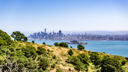 San Francisco skyline and Alcatraz Island on a sunny day, as seen from Angel Island, California