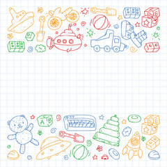 Vector pattern with kindergarten, toy children. Happy children illustration. Drawing on a notebook in a Squared notebook.