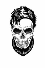 Monochrome illustration barbershop of skull with beard, mustache, hipster haircut and on white background, cartoon, angry, beautiful, brutal.
