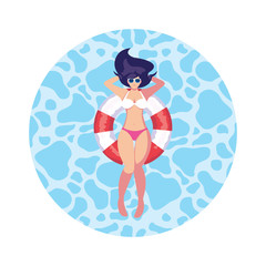 woman with swimsuit and lifeguard float floating in water