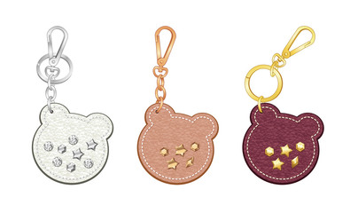 bear head shaped key chains set, leather bag charms with crystal/ metal studs/ rivets, vector illustration sketch template