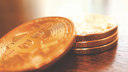 Very Close up the Pile of Bitcoins