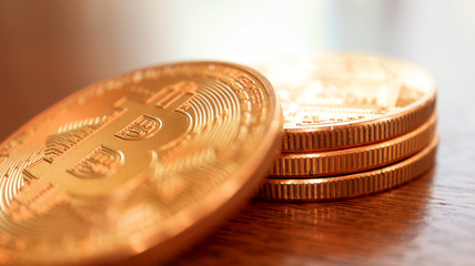 Very Close up the Pile of Bitcoins