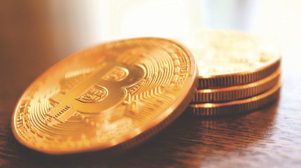 Very Close up the Pile of Bitcoins