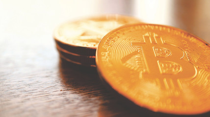 Very Close up the Pile of Bitcoins