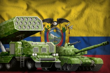 Ecuador heavy military armored vehicles concept on the national flag background. 3d Illustration