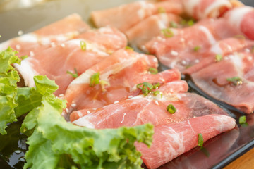 Close up of raw food raw materials, raw pork, thin slides