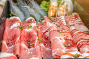 Close up of raw food raw materials, raw materials, pork and shrimp