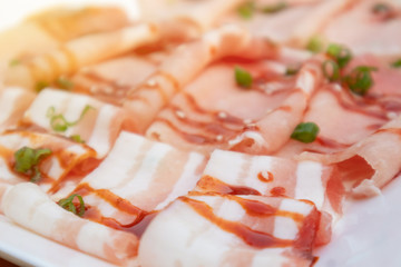 Close up of raw food raw materials, raw pork, thin slides