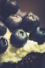 Homemade muffin with blueberry and cream cheese frosting on the rustic background. Selective focus.