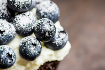 Homemade muffin with blueberry and cream cheese frosting on the rustic background. Selective focus.