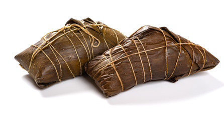 two pieces wrapped Chinese ZongZi on white for Dragon Boat Festival ie DuanWu festival on white